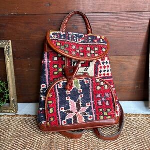 Vintage Kilim Art Turkish Made Textile Rug Backpack With Leather Details